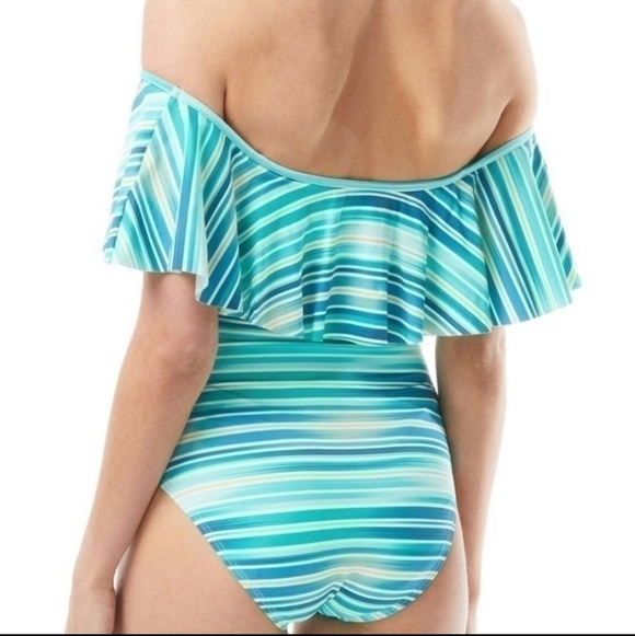 Vince Camuto azure printed off shoulder ruffled striped swimsuit Sz. 6 NWOT - Picture 2 of 6